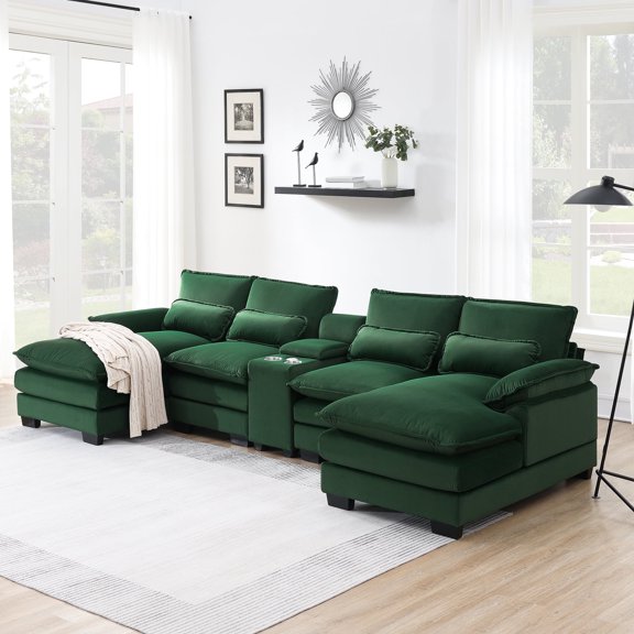 Newboti 123*55" Modern U-shaped Sofa with Console,Cupholders and USB Ports,6-seat Upholstered Symmetrical Indoor Furniture,Sleeper Couch Set with Chaise for Living Room,Apartment 0810519621643544