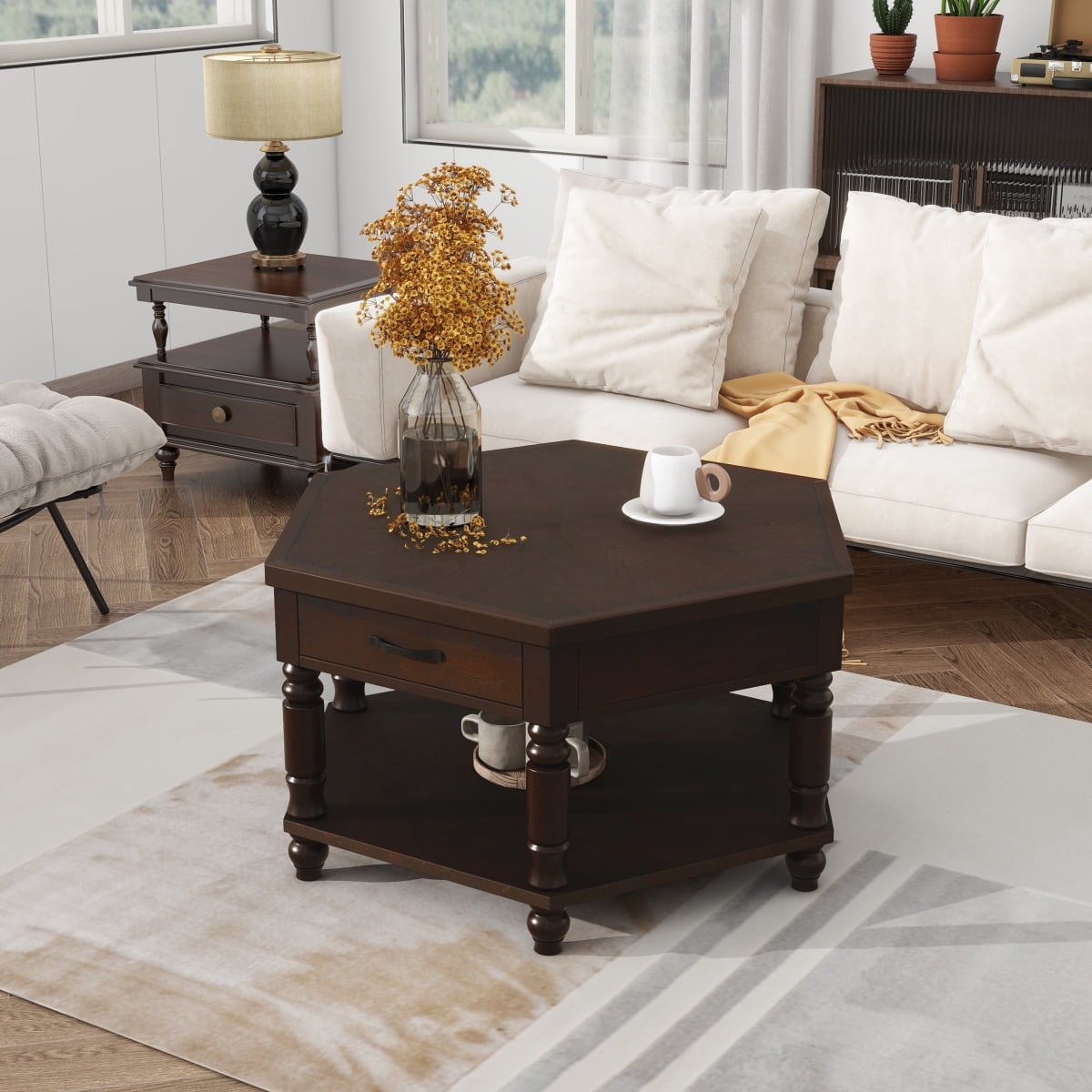 Newboti 2 Tier Retro Hexagon Living Room Solid Wood Coffee Table with Shelf & Drawer, 36" Mid ...