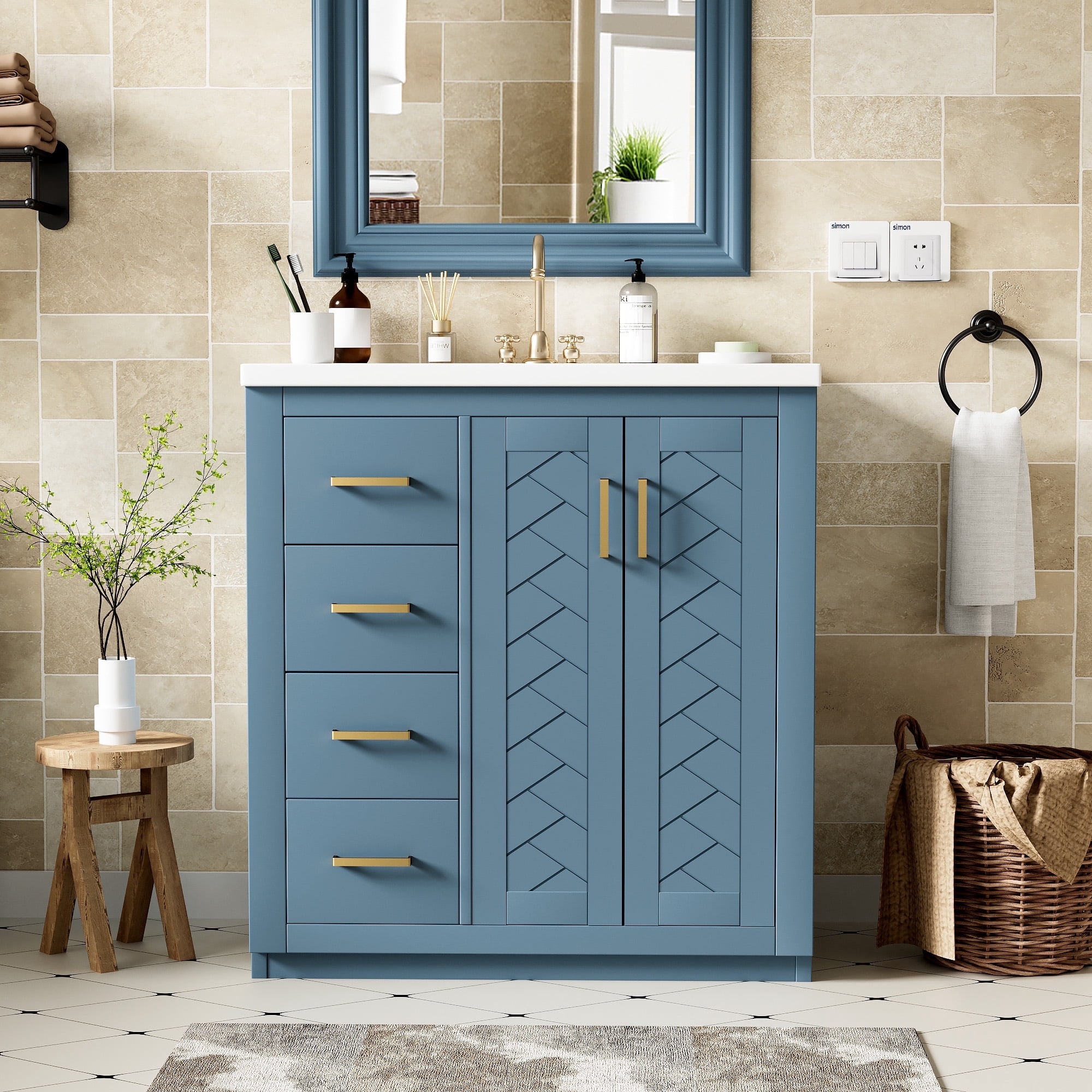 Newboti 30" Bathroom Vanity with Ceramic Sink Combo,Solid Wood Frame Bathroom Storage Cabinet, Freestanding Vanity Set with 3 Drawers& Soft Closing Doors 463888050296305