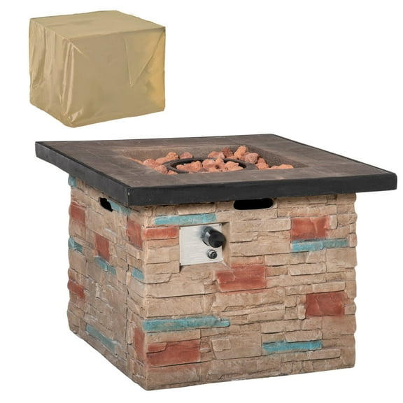 Newboti 32 Inch Outdoor Propane Gas Fire Pit Table, 50,000 BTU Auto-Ignition Square Faux Ledge Stone Gas Firepit with Lava Rocks and Rain Cover, CSA Certification, Brown 0553253242941147