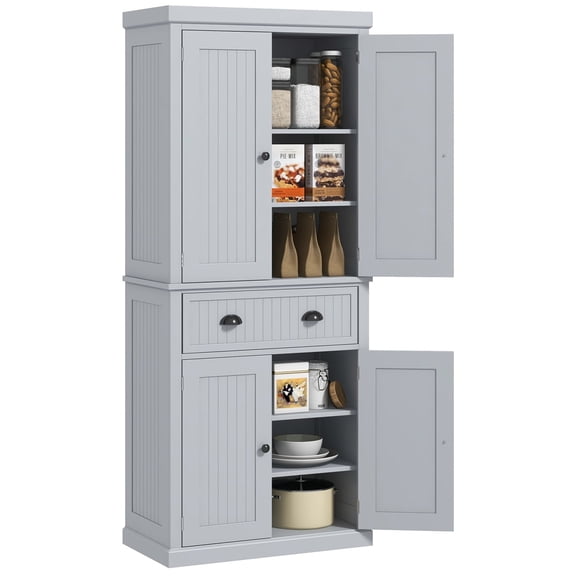 Newboti 72" Kitchen Pantry Storage Cabinet, Traditional Freestanding Cabinet with 4 Doors and 3 Adjustable Shelves, Large Central Drawer, Beadboard, Gray 887991185992575