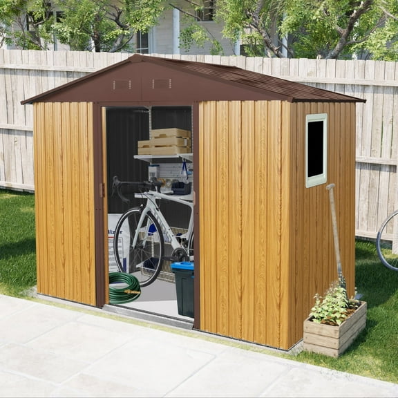 Newboti 8 ft x 4 ft Outdoor Metal Storage Shed with Window and Metal Foundation for Backyard, Patio, Lawn (Coffee) 568008927285067