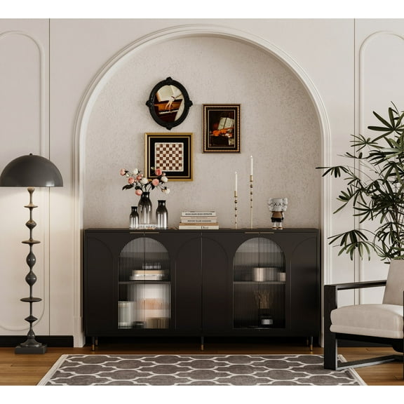 Newboti Accent Cabinet Black Lacquered Wooden Cabinet with 4 Glass Doors Sideboard Buffet Server Cabinet Storage Cabinet, for Living Room, Entryway, Hallway, Office, Kitchen and Dining Room 91619