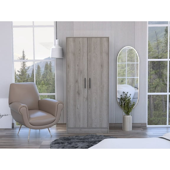 Newboti Armoire, Double Door Cabinets, Metal Rod, Metal Handle, Two Shelves, One Drawer, Light Gray 648781610248415