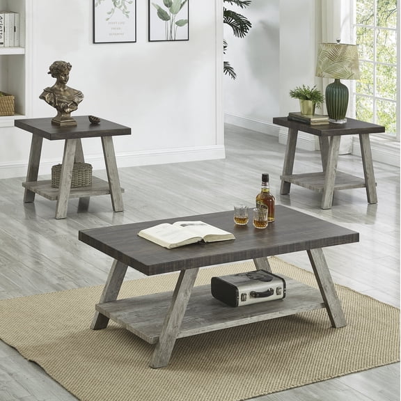 Newboti Athens Contemporary 3-Piece Wood Shelf Coffee Table Set in Weathered Walnut and Gray 620880175724328