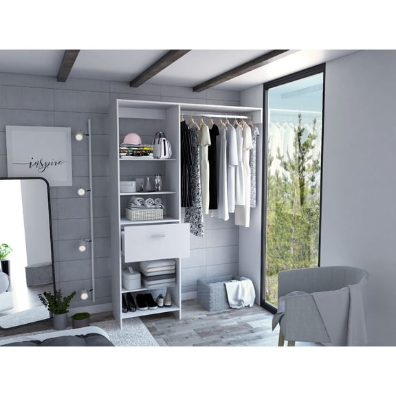 Newboti Closet System, Five Open Shelves, One Drawer, One Metal Rod, White 393918702822525