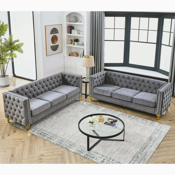 Newboti {Contact us for 3D modeling} Velvet Sofa for Living Room,Buttons Tufted Square Arm Couch, Modern Couch Upholstered Button and Metal Legs, Sofa Couch for Bedroom, Grey Velvet .2PCS 23082