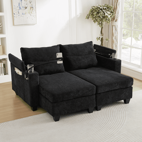 Newboti Convertible Chaise Lounge 63" Loveseat Sofa Sofa Bed Corduroy Sleeper Sofa with USB Ports , Two Cup Holders, A Phone Holder and Ample Storage Space for Living Room and Bedroom, Black BN.0206