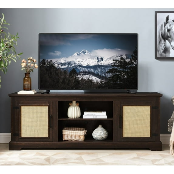 Newboti Farmhouse Rattan TV Stand Console Table for TVs up to 70 Inches, TV Console Table with 2 Storage Shelves, 2 Natural Rattan Door Cabinets, 65"W*15.55"D*23.86"H, Espresso 732250958380152