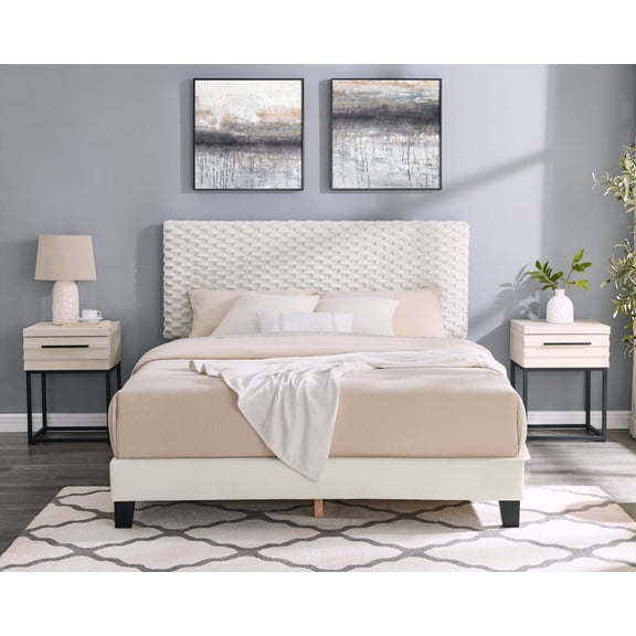 Newboti Findlay 3-Piece Bedroom Set, Plush 3D Upholstered Bed with Two Nightstands, Queen 885757164865476