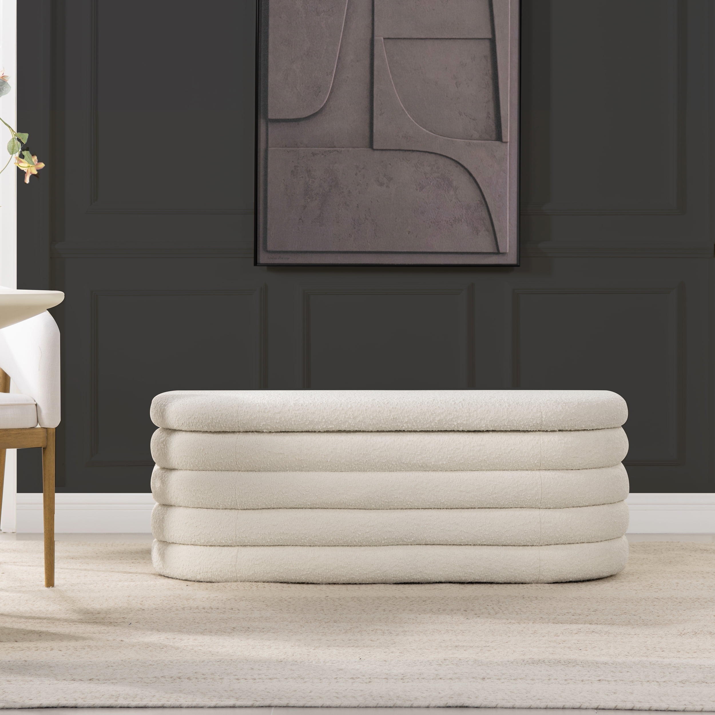 Ivory White Boucle 49" Upholstered Oval Storage Bench with Horizontal Tufting
