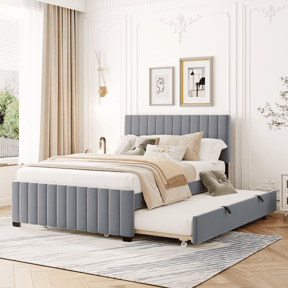 Newboti Full Size Velvet Upholstered Platform Bed with Twin Size Trundle, Gray 228995865403242