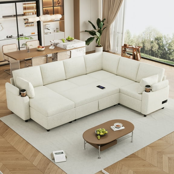 Newboti Furniture 109.9" Sectional Sofa Versatile Sofa Bed Sofa Sleeper U-shaped Sofa with Ample Storage Space, Two Cup Holders and Charging Ports for Living Room, Beige 18967