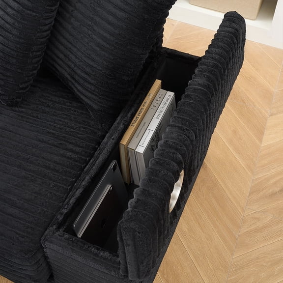 Newboti Furniture 111.4 " Black Corduroy Sofa, Armrest With Cup Holder And Storage Function, Recliner Can Be Changed Left And Right, Suitable For Living Room Bedroom Lounge Area 15772
