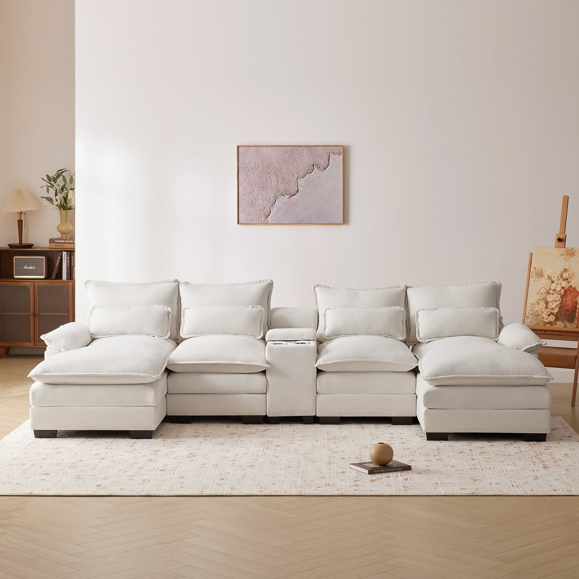Newboti Furniture 123 55 Modern U shaped Sofa w Console Cupholders and USB Ports 6 seat Upholstered Symmetrical Indoor Furniture Sleeper Couch Set