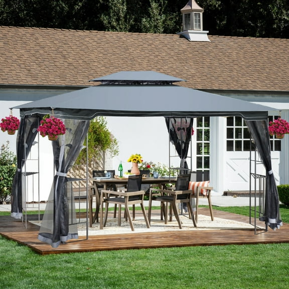 Newboti Furniture 13x10 Outdoor Patio Gazebo Canopy Tent With Ventilated Double Roof And Mosquito net(Detachable Mesh Screen On All Sides),Suitable for Lawn, Garden, Backyard and Deck,Gray Top 42353