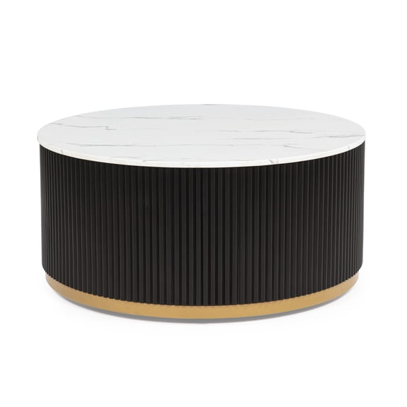 Newboti Furniture 1pc Coffee Table Modern Cocktail Group Luxurious Marble-inspired Top Reeded Base Gold-finished Foundation With Casters Wooden Living Room Furniture BN.1174