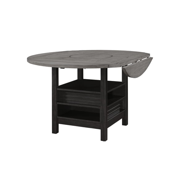 Newboti Furniture 1pc Farmhouse Contemporary Counter Height Table with Storage Single Pedestal Round Black Gray Natural Grain Integrated Turntable Drop Leaves and Built-in Shelving BN.1558