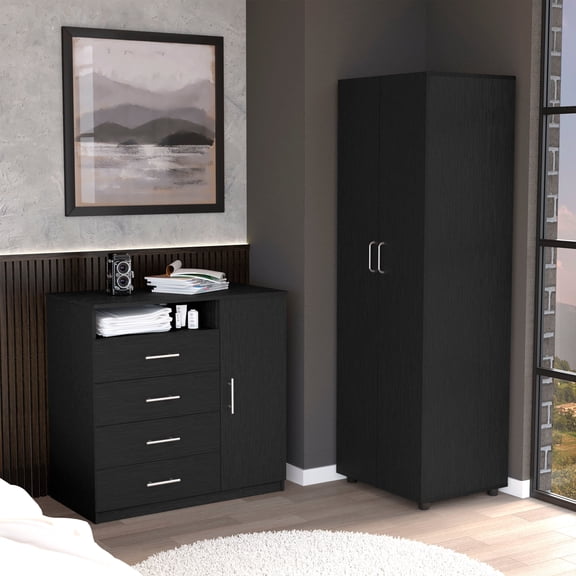 Newboti Furniture 2 Piece Bedroom Set, London Armoire + Rioja 4 Drawer Dresser, Black 0024