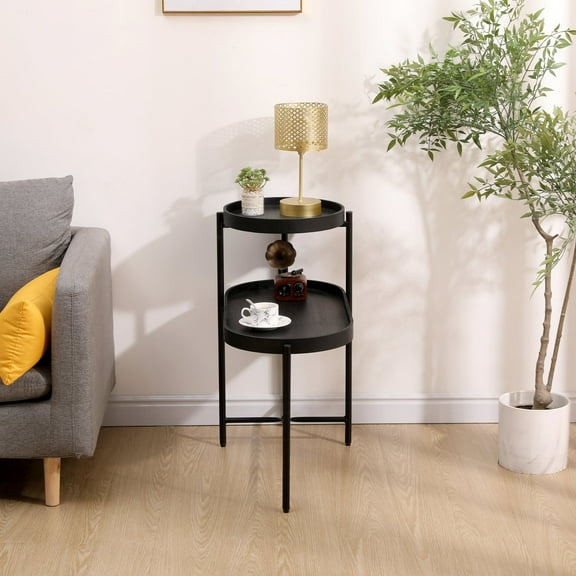 Newboti Furniture 2-Tier Black Side Table with Storage Sofa Table for Living Room Metal Frame & Wooden Desk End Table 97413