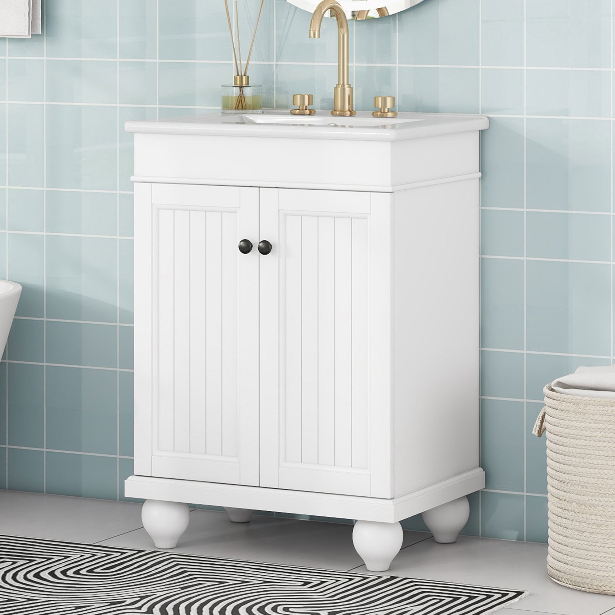 Newboti Furniture 24" White Modern Sleek Bathroom Vanity Elegant Ceramic Sink With Solid Wood Frame, Adjustable Shelf 9821