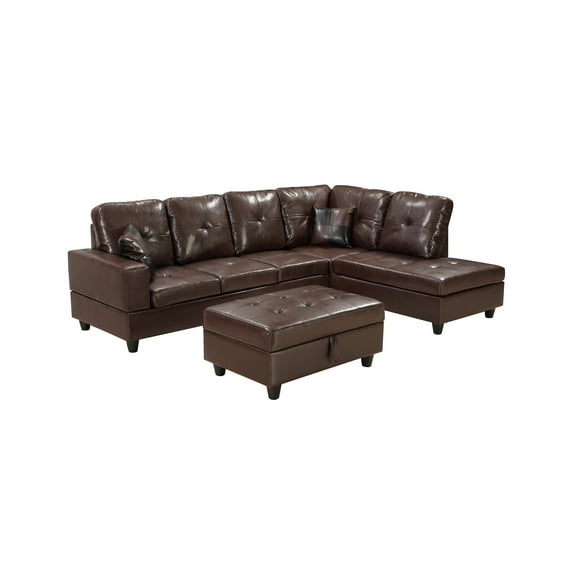 Newboti Furniture 3 PC Sectional Sofa Set, (Brown) Faux Leather left -Facing Chaise with Free Storage Ottoman 26830