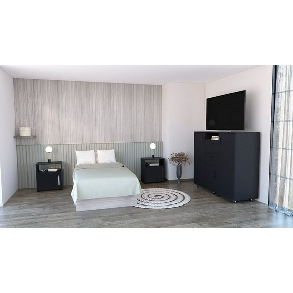 Newboti Furniture 3 Piece Bedroom Set, Milano Double Door Cabinet Dresser + 2 Omaha Nightstands, Black 0024