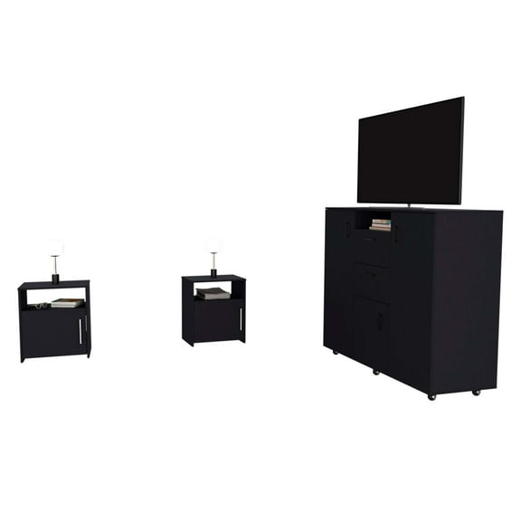 Newboti Furniture 3 Piece Bedroom Set, Milano Double Door Cabinet Dresser & 2 Omaha Nightstands, Black 43656