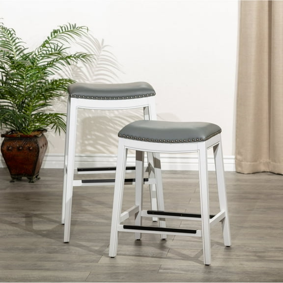 Newboti Furniture 30" Bar Height Saddle Stool, White Finish, Gray Leather Seat 17978