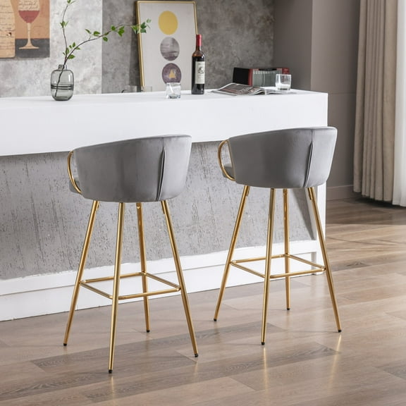 Newboti Furniture 30 Inch Set of 2 Bar Stools,with Chrome Footrest and Base Velvet & Golden Leg Simple Bar Stool,GRAY 87360