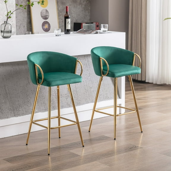 Newboti Furniture 30 Inch Set of 2 Bar Stools,with Chrome Footrest and Base Velvet + Golden Leg Simple Bar Stool,Green 67317