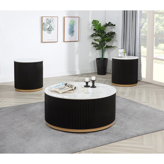 Newboti Furniture 3pc Modern Cocktail Group Set Coffee Table End Table Luxurious Marble-inspired Top Reeded Base Gold-finished Foundation With Casters Wooden Living Room Furniture BN.1019