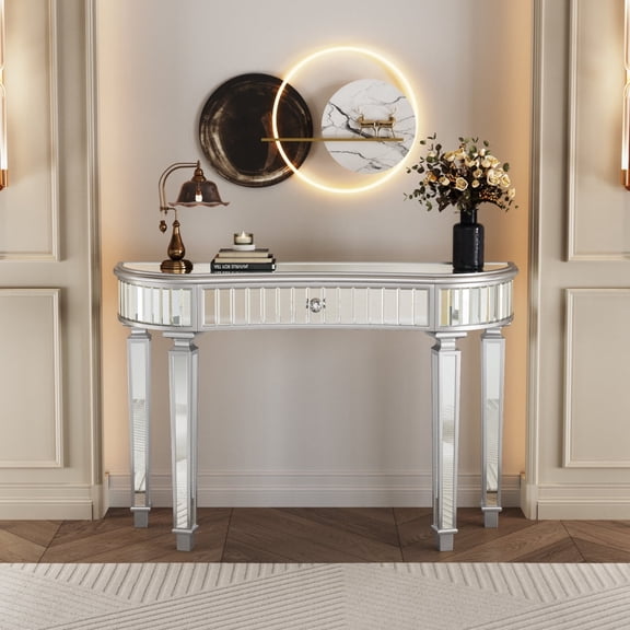 Newboti Furniture 47" Half-Moon Mirrored Console Table with Fluted Glass & Crystal Knob Drawer - Silver Entryway Vanity Desk for Bedroom/Dressing Room(Grey+Sliver) BN.2036