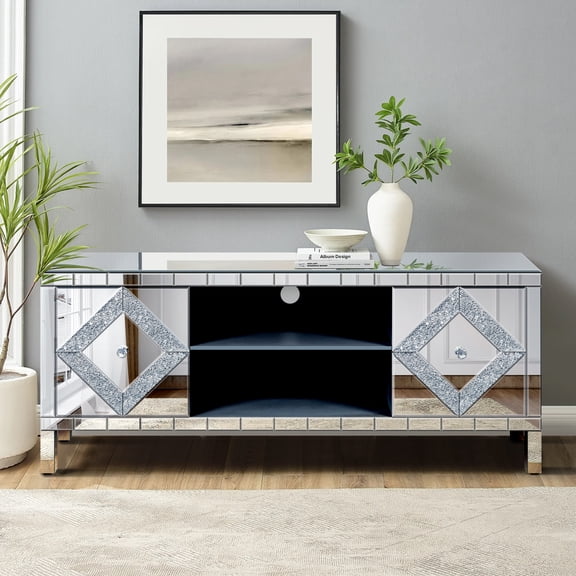 Newboti Furniture 47 Inch Mirror TV Media Console with Diamond Glass Doors, Dual Door Design and Open Storage Space, Compatible with 50-Inch TVs&Modern Decor for Living Room & Bedroom BN.1546