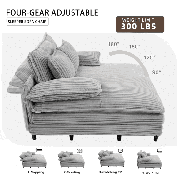 Newboti Furniture 54.75" W Oversized Chaise Lounge Chair,Fluffy cushioned sofa bed,Deep Seat,Corduroy,2 Pillows,Four gears can be adjusted,Leisure Sleeper Sofa Chair for Living Room,Gray 72293
