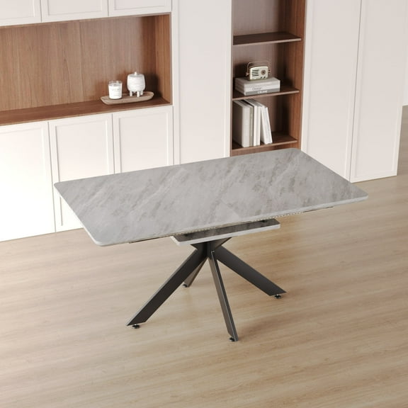 Newboti Furniture 62.4" Extendable 78.15"Very large Grey Dining Table Modern Mid-Century Kitchen Table Set for Dining Room, party Table,Conference table,Black metal X shape Legs. 05644