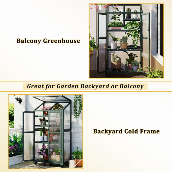 Newboti Furniture 62inch Height Wood Large Greenhouse Balcony Portable Cold Frame with Wheels and Adjustable Shelves for Outdoor Indoor Use, Forest Green 73265