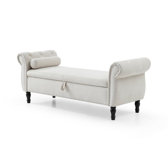 Newboti Furniture 63" Velvet Multifunctional Storage Rectangular Sofa Stool Buttons Tufted Nailhead Trimmed Solid Wood Legs with 1 Pillow,Beige 78887