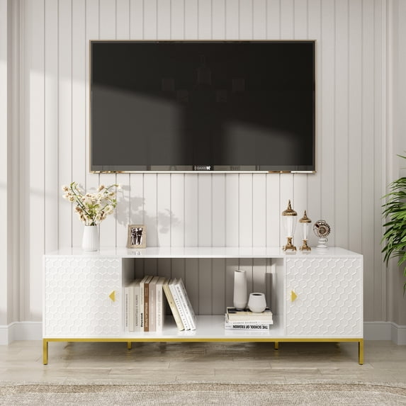 Newboti Furniture 70 Inch TV Stand, Heavy Duty Wood Media Entertainment Center Console with Cabinet Storage & Open Shelves for Living Room, Modern Design (White,not include electric fireplace) BN.127