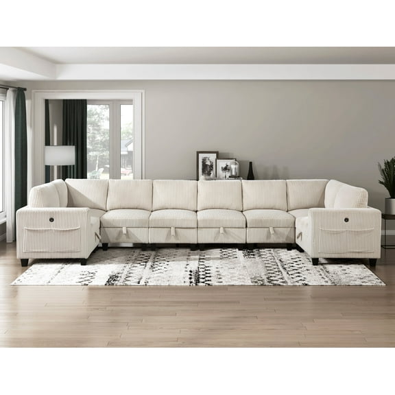 Newboti Furniture 8-Piece Modular Sectional With Storage Seats, Side Pockets, Charging Ports Beige Corduroy Fabric Modern Living Room Sectional Couch Solid Wood Furniture 0108