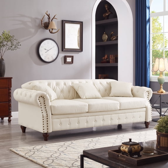 Newboti Furniture 85.8" Living Room Chesterfield Sofa Classic Tufted Design Faux Leather PU Upholstered Sofa with Storage (Ivory) 13997