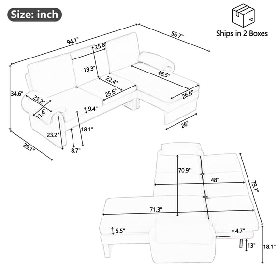 Newboti Furniture 94.1" Convertible Futon Sofa Bed Futon Sofa Couch with an Adjustable Backrest, a Reversible Chaise Lounge and Two Removable Armrest Pillows for Living Room, Gray 41135