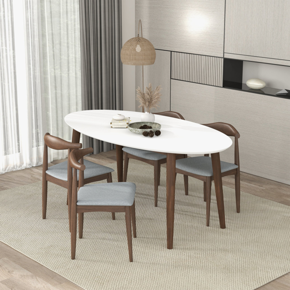 Newboti Furniture Ada Mid Century Modern Style Solid Wood White Top Oval Dining Table and 4 Side Chairs BN.1632