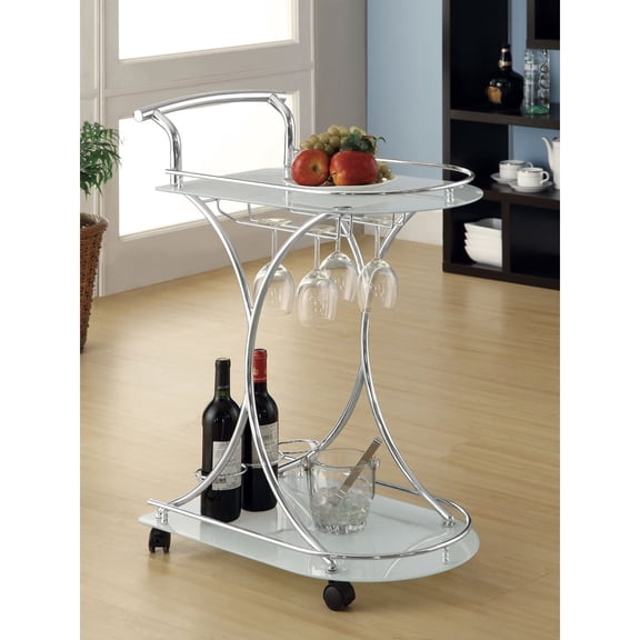 Newboti Furniture Allen White and Chrome 2-Tier Glass Shelf Metal Bar Cart BN.3743
