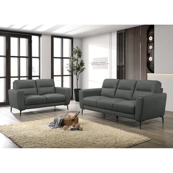 Newboti Furniture Anthracite Gray Top Grain Leather 2pc Sofa Set Sofa And Loveseat Contemporary Living Room Furniture Full Leather Couch BN.7344