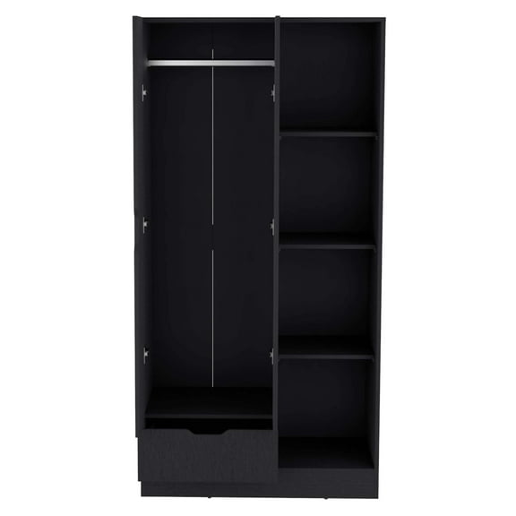 Newboti Furniture Armoire 71H" with 1-Drawer and 4-Tier Open Shelves, 2 Doors, Black 43861