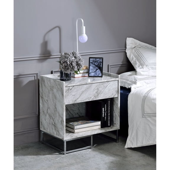 Newboti Furniture Azrael White Printed Faux Marble & Chrome Finish Accent Table BN.6598