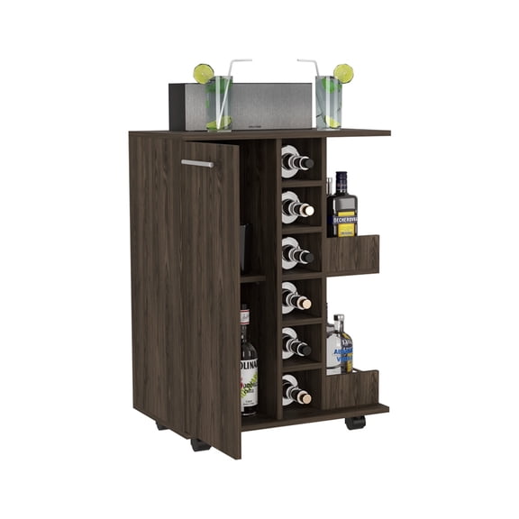 Newboti Furniture Bar Cart Wells, Four Casters, Dark Walnut Finish 39963