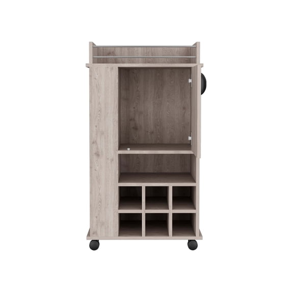 Newboti Furniture Bar cart cabinet, with 6 built-in bottle racks, 1 interior shelve, 2 side shelves, 4-wheel, 1 space with wood door to store glasses, cups, coffee or snacks, Light gray 43908