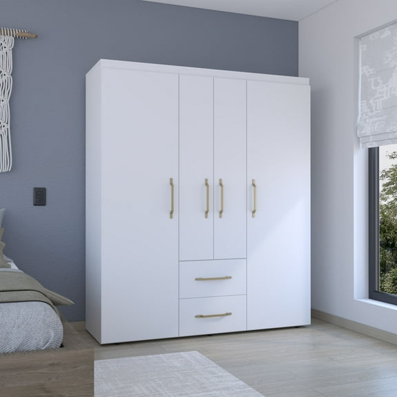 Newboti Furniture Bariloche Wardrobe, Multi-Section Storage With Hanging Rods, Shelves, And 2 Drawers White 0036